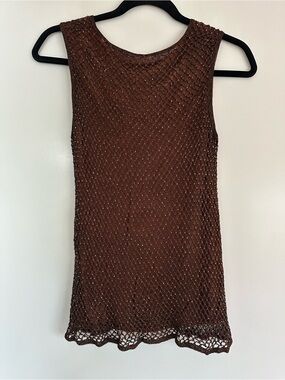 Y2K 90s BROWN BEADED CROCHET TANK | SHEER LINED | EUC | SZ S | FESTIVAL DAINTY